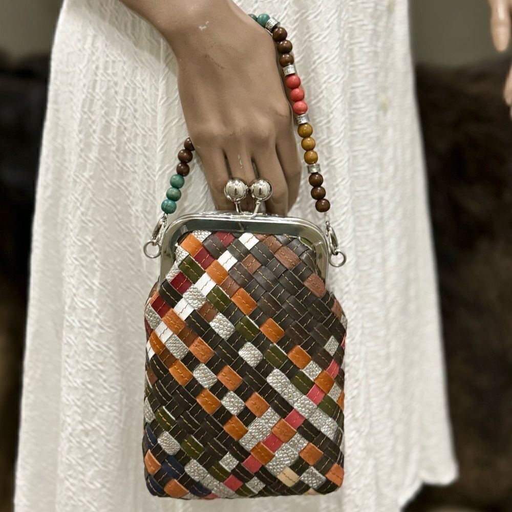 Colorful Woven Leather Handmade Kisslock Clutch/Phone Pouch/ Crossbody
